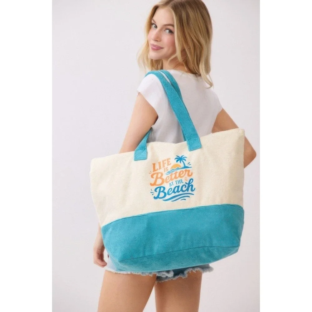 Womens Beach Tote Bag Canvas Blue‎ Trim Beach Graphic